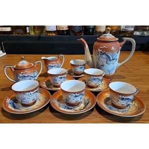 15 Pc Dragonware Demitasse Tea Set Hand Painted Moriage Geisha Lithophane Japan
